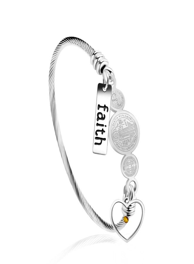 Tobestu Platinum Plated Twisted Rope Saint Benedict Medal Bangle Bracelets for Women - Stainless Steel Faith Heart-Shape Mustard Seed Bracelet for Christmas Birthday Easter Y4231 - Image 1